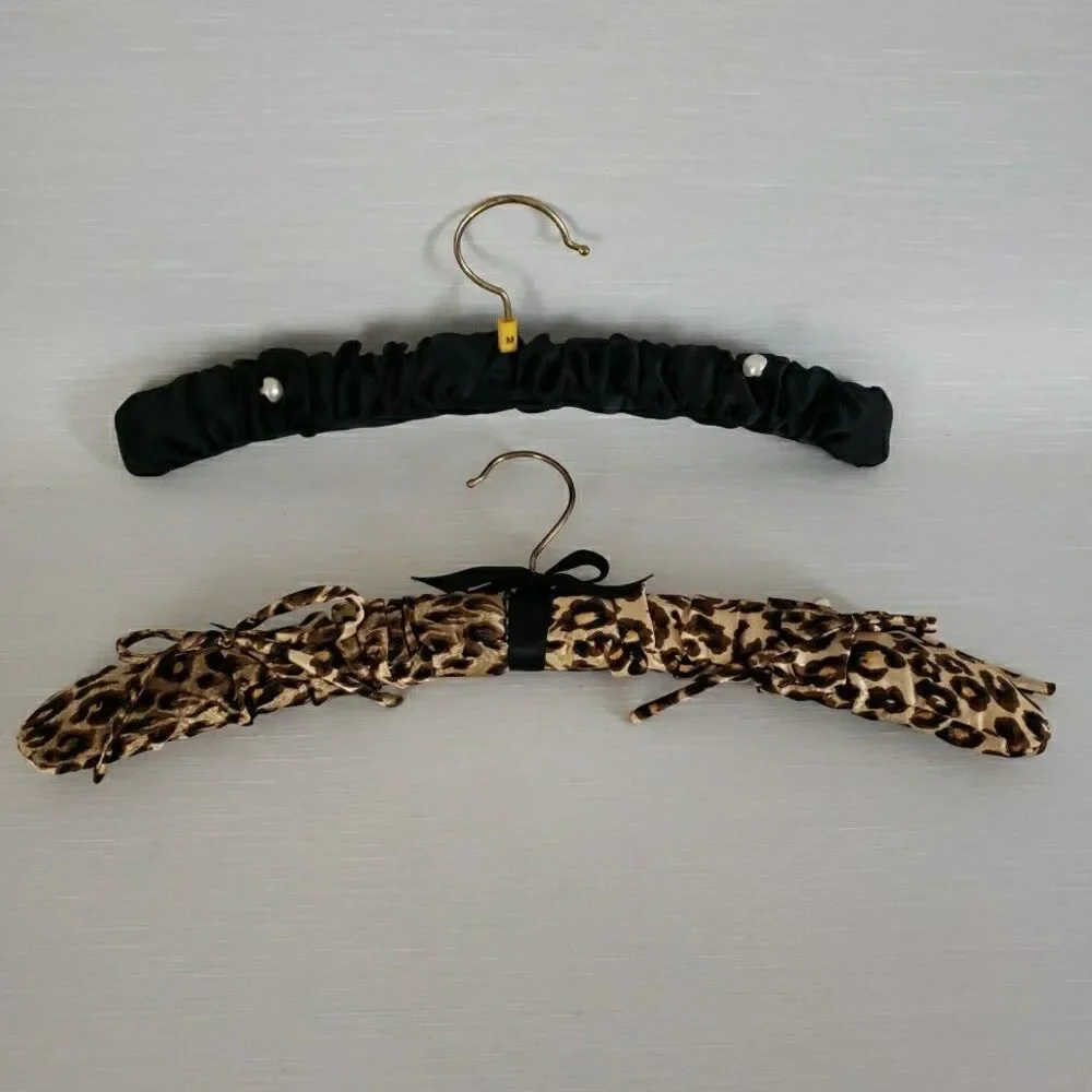 Padded Satin Fabric Covered Clothes Lingerie Hangers Brass Hook Wood Arms VTG